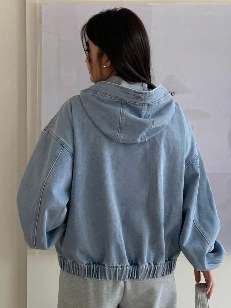 Dazy Plus Light Wash Blue Hooded Zip-Up Loose Lantern Sleeve Hem Drawstring Denim Jacket, Plus Size Women, Fall Women Jacket