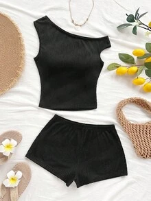 Soleia 女士纯色斜肩罗纹T恤和短裤休闲两件套 - 黑色 - 查看 4