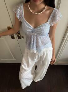 CovetEZ Women Lace Ruffle Hem Sweetheart Neck Cap Sleeve Elegant T-Shirt,Rave Top,See Through Top,Summer Tops - Blue - View 4