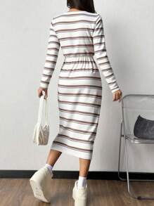 Pariaura 2025 Autumn New Collection: Women's Timeless Striped Dress – Round Neck For Effortless Grace, Cinched Waist To Flatter Curves, Adjustable Side Ties For Custom Fit, Flowing Long Silhouette (Mid-Calf To Ankle) With Elegant Allure. Perfect For Daily Outings, Workdays, Or Romantic Dates. Fall Cloth For Women