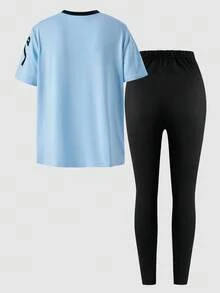 SHEIN Explorewe 2 件套青少年女孩休闲舒适数字印花 V 领短袖 T 恤和合身印花裤，适合休闲和居家 - 彩色 - 查看 3