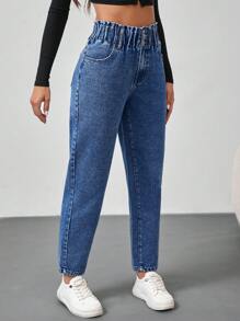 SHEIN Tall 女士牛仔裤休闲修身锥形裤宽腰蓝色牛仔裤高腰女式牛仔裤女式裤子冬季女式裤子牛仔服装 - 中等水洗藍 - 查看 5