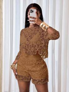 BamGleam Áo kiểu nữ dệt kim bốn mùa, chất liệu ren xuyên thấu, khoét eo gợi cảm, tay loe, kiểu dáng thanh lịch. - Màu Khaki - Xem 4