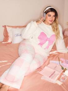 SHEIN Sweet Ins Bow Embroidery Top And Plaid Pattern Pants Cozy Plush Oversized Fluffy Pajama Set, Cute Lounge Wear, Fall Winter Clothes - Multicolor - View 3