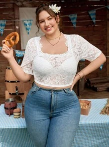 SHEIN Frenchy 加大码优雅简约蕾丝纯色方领衬衫，适合啤酒节、连衣裙 - 白色 - 查看 4