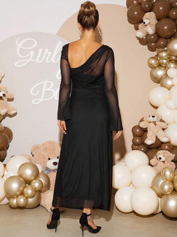 Loomaby Pregnant Women's Solid Color Asymmetric Collar Long Sleeve Mesh Patchwork Elegant DressGender Reveal Dress Maternity Dress Baby Shower Dress Black Mesh Dress Black Sheer Dress Pregnancy Photoshoot Dress Baby Shower Guest Outfit Baby Shower Dresses Maternity Baby Shower Dress Maternity Dresses For Baby Shower Legant Maternity Dresses For Baby Shower Black Maternity Dress - Black - View 2