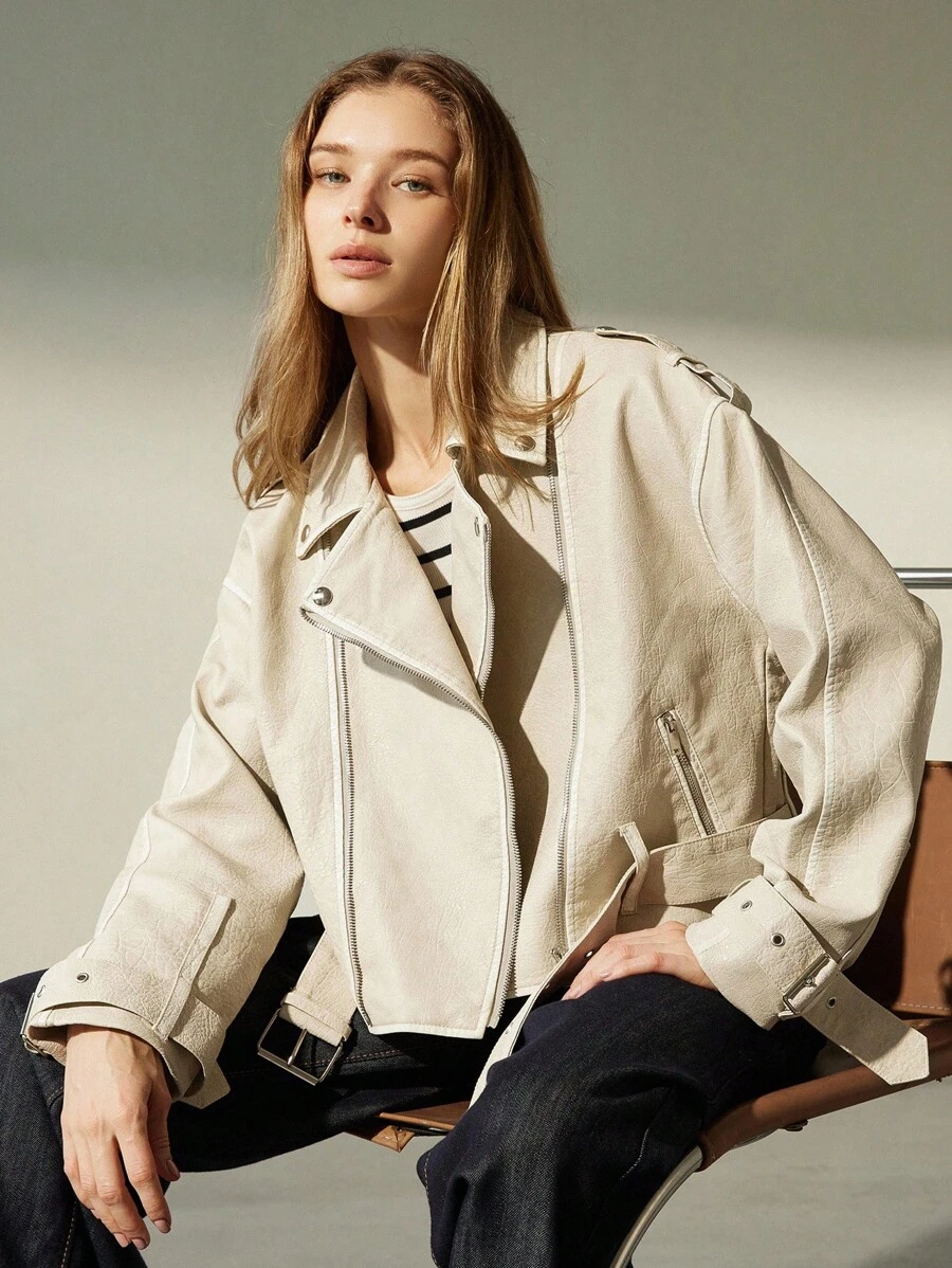 Aveloria Modichic 新款时尚休闲别致简约高端拉链领夹克，PU 皮革摩托车设计 - 米色 - 查看 1
