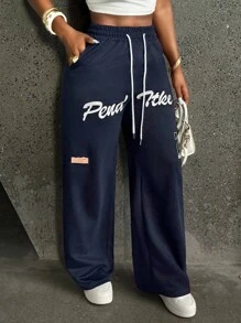 INAWLY 女性時尚休閑印花直筒運動褲 - 藏蓝色 - 查看 5