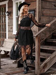 LanaWest Halloween Costume Black Round Neck Lace Long Sleeve Hollow Tassel Camisole Women's Western Casual 2 Pieces Set Fall Cloth For Women - Black - View 5