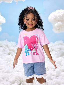 SHEIN X Care Bears 少女卡通熊图案圆领宽松休闲短袖针织T恤夏季 - 粉色 - 查看 4