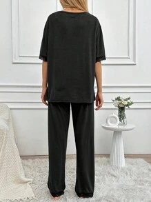 EURMUSE Cotton 2pcs/Set Women's Lace Detail Homewear Pajama Set - Black - View 2