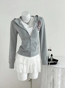 Elamini 秋季性感复古印花修身收腰短款拉链连帽衫女式套头衫秋季 - 灰色 - 查看 3