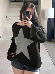 Dazy Plus Plus Size Mesh Five-Star Graphic Crew Neck Loose Streetwear Sweater For Plus Size Women, Early Autumn - Black - View 4