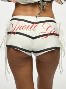 SUMWON WOMEN Spoilt Girl Printed Side Tie Booty Shorts Mini Hot Pants - Festival Party Club Summer Beachwear Bottoms With Side Strings Adjustable Design - White - View 1