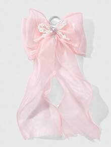 ROMWE Kawaii 1 chiếc móc khóa/túi xách DIY đính ngọc trai giả màu trắng đính hạt thủ công thanh lịch, pha lê & đá giả, nơ đôi lưới màu hồng, phụ kiện thời trang dành cho nữ, thích hợp làm trang phục hàng ngày hoặc làm quà tặng - Hồng - Xem 1