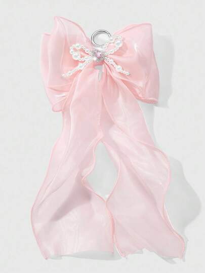 ROMWE Kawaii 1pc Elegant Handmade Beaded White Faux Pearl, Crystal & Rhinestone, Pink Mesh Double Bow DIY Keychain/Bag Charm, Fashionable Accessory For Women, Suitable As Daily Wear Or Gift