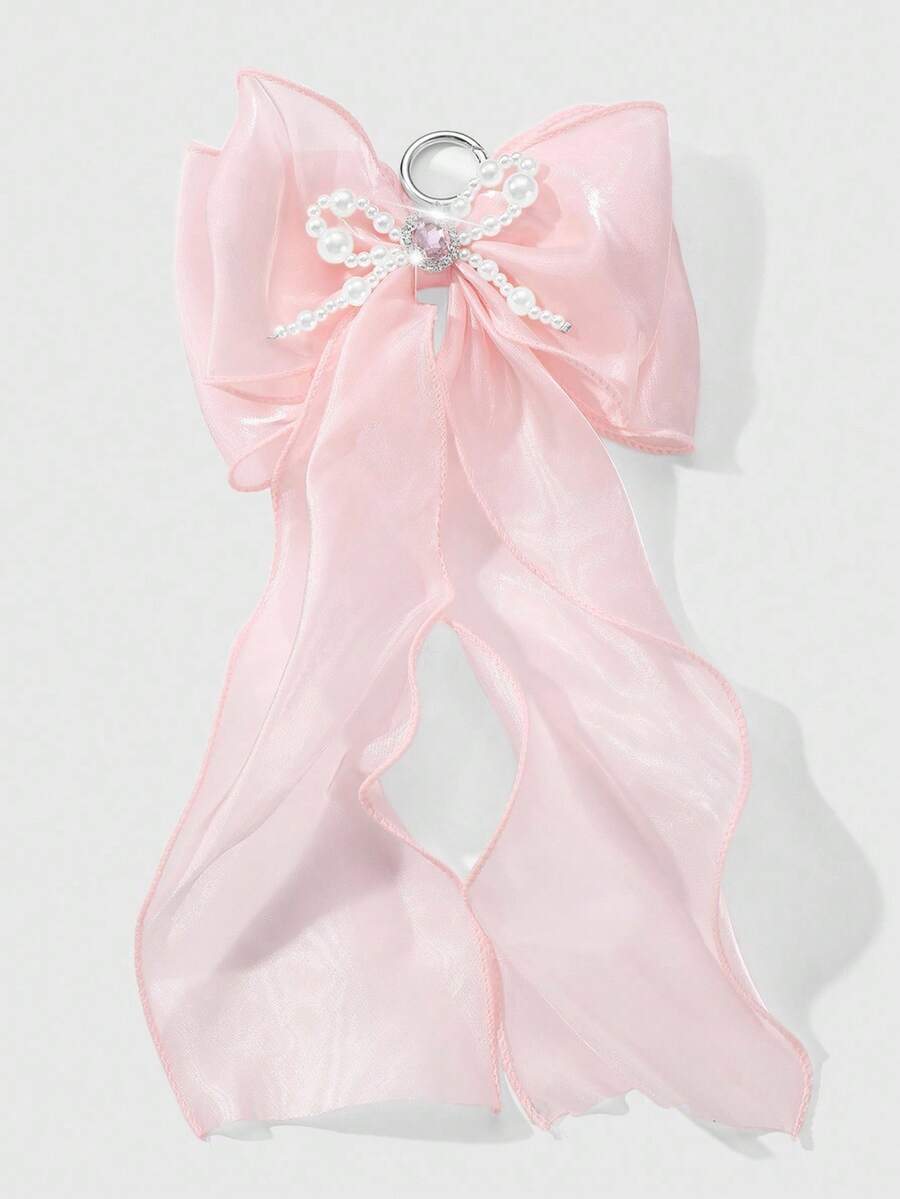 ROMWE Kawaii 1 chiếc móc khóa/túi xách DIY đính ngọc trai giả màu trắng đính hạt thủ công thanh lịch, pha lê & đá giả, nơ đôi lưới màu hồng, phụ kiện thời trang dành cho nữ, thích hợp làm trang phục hàng ngày hoặc làm quà tặng - Hồng - Xem 1