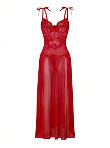 2pcs Set: Lace & Mesh Splicing Romantic Party Slit Front 3D Faux Pearl Flower Underwire Dress + Thong Bridallingerie - Red - View 7