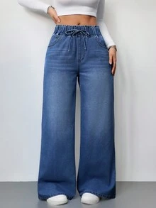 SHEIN PETITE Women's Blue Jeans Summer Wide-Leg Pants Comfortable Elastic Waist With Pockets Summer Casual Wear - Dark Wash - View 3
