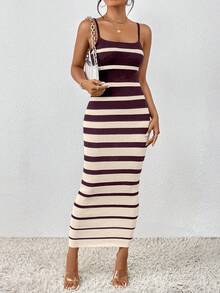EURMUSE Robe camisole en tricot ajustée et décontractée à rayures pour femmes - Rouge foncé - Voir 1