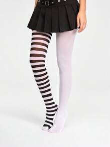 ROMWE Grunge Punk 1 Pair Goth Rock AB Striped And Solid Color Pantyhose, Halloween - Black and White - View 3