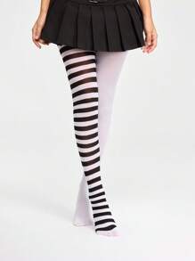 ROMWE Grunge Punk 1 Pair Goth Rock AB Striped And Solid Color Pantyhose, Halloween - Black and White - View 5