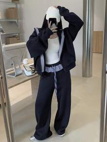 DAZY Set de 2 piese pentru femei, cu glugă și hanorac în carouri, pantaloni scurți cu picior drept, stil casual, stil streetwear - Albastru marin - Vizualizare 4