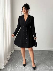 Elenzga 大码女式优雅长袖双排扣西装领连衣裙 - 黑色 - 查看 5