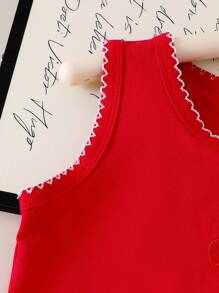 Genkimix Kids 2pcs Young Girls Cute Round Neck Knitted Cherry Embroidered Sleeveless Top And Denim Pleated Embroidered Denim Skirt Set, Sweet And Lovely Summer Outfit Cherry Kids Outfit Girls Skirts Sets Denim Sets For Girls Children S Jeans Skirt Set Kids Skirt And Top Fall Winter - Red - View 3