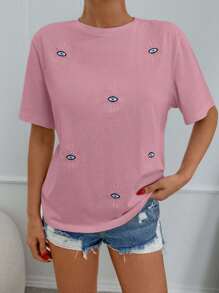 EURMUSE Áo thun cổ tròn nữ 100% cotton thêu hình mắt - Màu Hồng baby - Xem 3