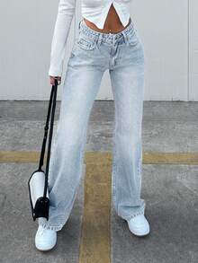 EURMUSE 100%Cotton Women's Casual Bleashed Straight Leg Jeans - Baby Blue - View 5