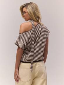 MUSERA 不对称肩部宽松条纹围巾细节不对称修身上衣复古可爱乡村小屋风干净女孩休闲奶油黄奶油糖色优雅春夏假日 - 彩色 - 查看 3