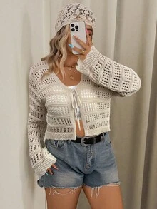 SHEIN VCAY Áo len cardigan dáng croptop màu trơn đơn giản dành cho nữ cỡ lớn, áo dài tay - Màu Khaki - Xem 5