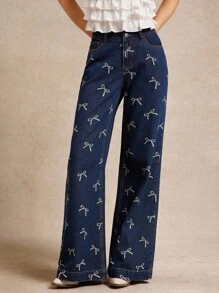 WESTFADE 中腰蝴蝶结印花棉混纺牛仔宽松阔腿牛仔裤 夏季纳什维尔女牛仔风 - 深色水洗藍 - 查看 4