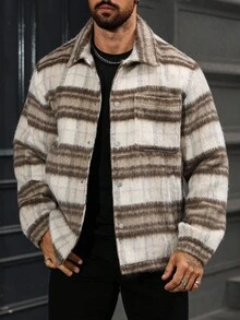 Manfinity Homme Herren karierter Locker Sitzende Lässig Jacke mit Langarm und Tasche, Herren Shacket Karojakke, Herren Sweatjacke, Karohemd für Herren, gestreifter Herren Shacket