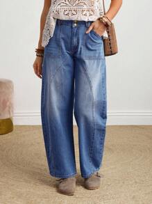 EMERY ROSE 女式口袋喇叭休闲宽松牛仔裤 - 藍色 - 查看 4