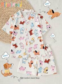 2pcs/Set Tween Girl' Casual Dog Doodle Button-Front Short Sleeve Top And Shorts Loungewear Set Pj Set For Kids Pajama Girl Set - White - View 1