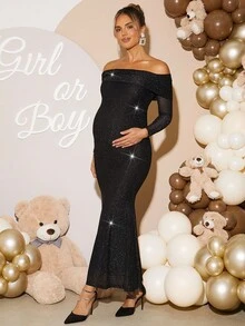 Loomaby 孕妇纯色亮片露肩长袖鱼尾下摆修身优雅连衣裙