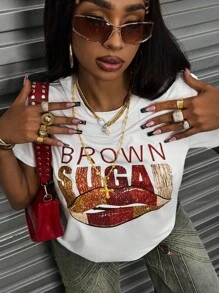 Rovax Women's Lip & Letter Printed Round Neck Short Sleeve T-Shirt Graphic Tees Women Tops - White - View 5