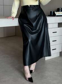 Dazy Plus PU Leather Waistband Design Fitted Long Straight Skirt, Plus Size For Autumn/Winter - Black - View 1