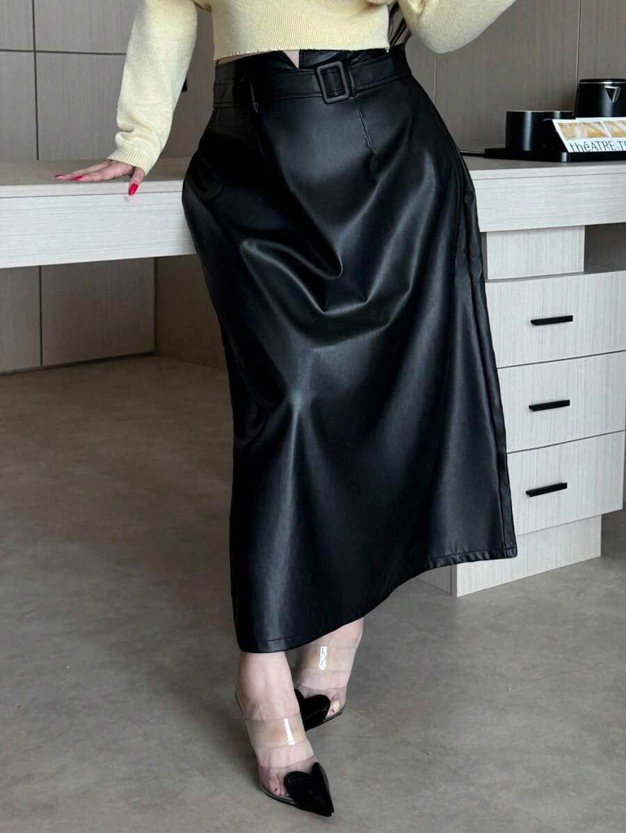 Dazy Plus PU Leather Waistband Design Fitted Long Straight Skirt, Plus Size For Autumn/Winter - Black - View 1