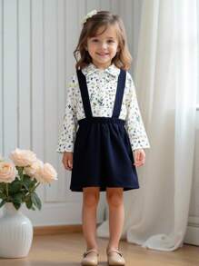 Souflis Souflis Girls 4-7 Years Vintage French Country Style 2pcs Set: Floral Textured Chiffon Shirt + Corduroy Suspender Skirt, Autumn Toddler Girl Outfit Set Girls Floral Print Shirt And Suspender Skirt Set 2pcs Toddler Girl Dress Set Little Girl Fall Outfits Baby Girl Corduroy Overall Dress 2 Piece Toddler Girl Clothes Little Girl Dressy Outfits Winter