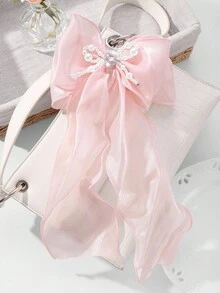 ROMWE Kawaii 1 chiếc móc khóa/túi xách DIY đính ngọc trai giả màu trắng đính hạt thủ công thanh lịch, pha lê & đá giả, nơ đôi lưới màu hồng, phụ kiện thời trang dành cho nữ, thích hợp làm trang phục hàng ngày hoặc làm quà tặng - Hồng - Xem 5