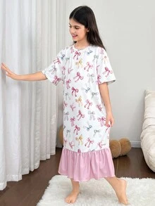 SHEIN 青少年女孩宽松休闲舒适圆领拼接撞色熊猫图案睡衣套装 - 黑色 - 查看 5