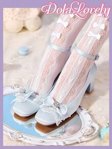 Dola Lovely Giày cao gót mũi vuông đế thô màu xanh dương dễ thương có họa tiết hoa bướm, ren ngọc trai giả và ngọc trai dành cho nữ, thích hợp làm quà tặng lãng mạn, cũng thích hợp cho các bữa tiệc, buổi tụ họp và Giáng sinh, Halloween, v.v. - Màu xanh lam - Xem 3