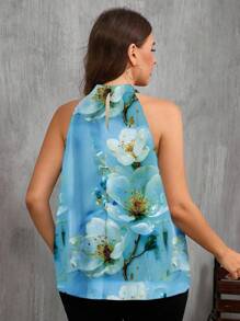SHEIN Clasi 休闲度假风格蓝色 3D 花卉印花女式露背衬衫，适合夏季 - 彩色 - 查看 2