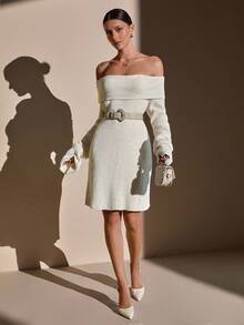 CLARA VERO Langes Pulloverkleid mit Schulterausschnitt und Rippstrick - Oversized Longline Pullover in Beige - Aprikosenfarben - Übersicht 1