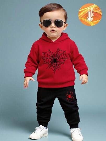 SHEIN Set de 2 piezas de sudadera con capucha de felpa con estampado de telaraña y pantalones de felpa con estampado de telaraña para niño, adecuado para salidas en otoño/invierno