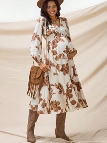 Boho Mama 孕妇褶皱灯笼袖收腰连衣裙 - 卡其色 - 查看 1