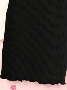 SHEIN 小女孩幼儿针织纯色圆领蝴蝶图案修身休闲连衣裙 - 黑色 - 查看 3